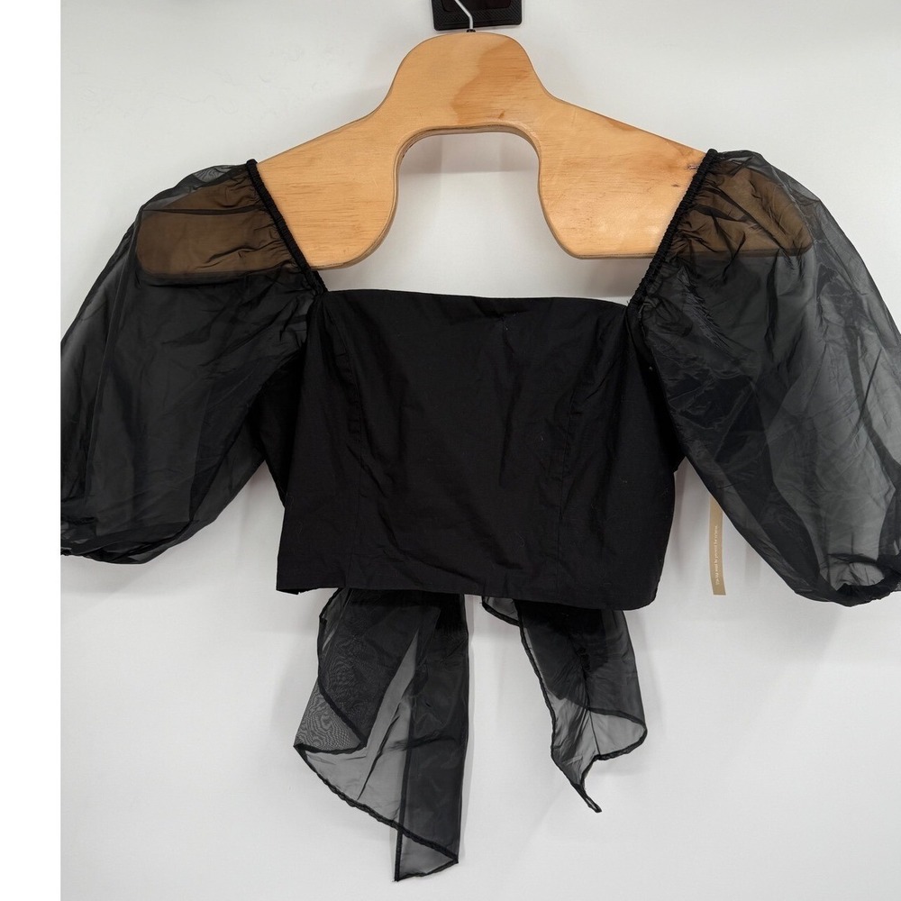 NWT Cleobella Revolve Black Sheer Puff Sleeve Cropped Top with Bow Sz XL Flawed
